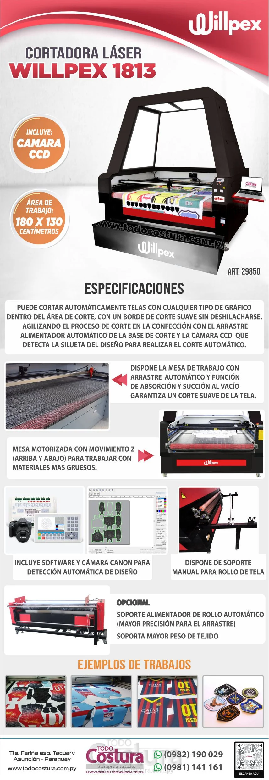 GRABADORA LASER (180X130CM - 100W - CON ARRASTRE AUTOMATICO Y CAMARA CCD) WILLPEX 1813